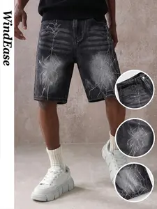 Men's Gothic Spider Web Rhinestone Jeans Shorts, Loose Fit Washed Pocket Casual Capri Pants, Comfortable Street Style Shorts for Travel and Parties
