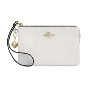 COACH Corner Zip 15 Leather Wallet for Women with Heart Charm and Logo Detail in Chalk White