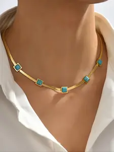 Turquoise Block Boho Necklace for Women, Fashionable Clavicle Chain, Perfect Gift for Mom, All Seasons Jewelry, Stainless Steel Material