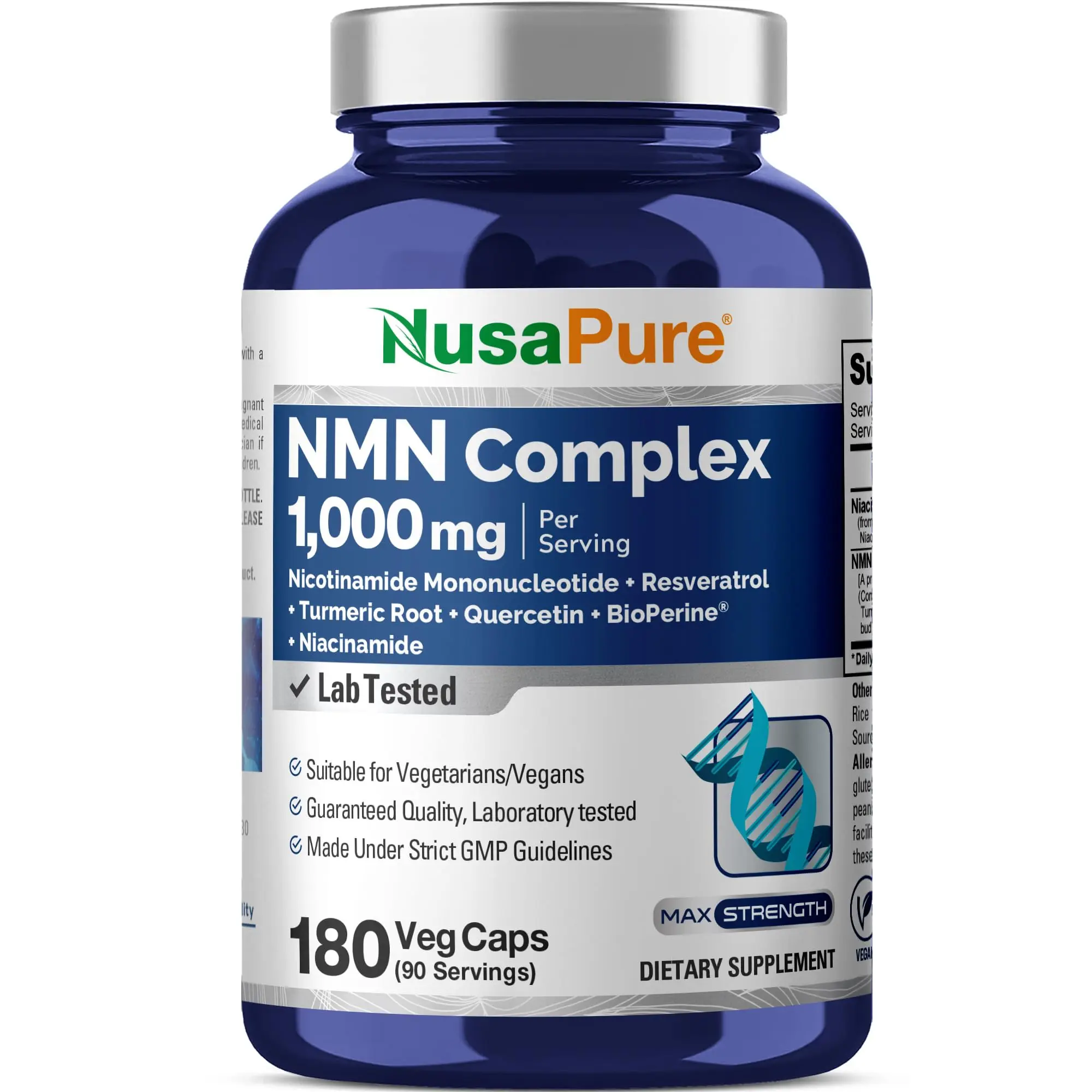 NusaPure NMN Complex Dietary Supplement, 1000mg per Serving Plant-Based Turmeric Capsules with Resveratrol, Quercetin, BioPerine - 180 Vegan Capsules (90 Servings), Non-GMO, Lab Tested, cGMP-Certified