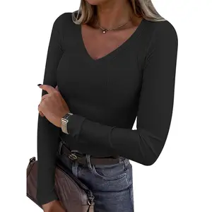 ANRABESS Long Sleeve Shirts for Women V Neck Ribbed Knit Slim Fall Basic Tshirts Going Out Tops 2025 Casual Trendy Clothes