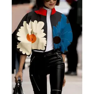 Women's Floral Print Zip Up Raglan Sleeve?Coat, Casual Long Sleeve Funnel Neck Outerwear for Fall & Winter, Ladies Clothes for Daily Wear