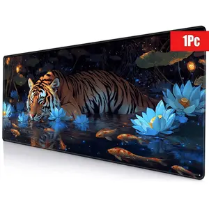 Tiger & Lotus Pattern Mouse Pad, Rectangular Gaming Mouse Pad, Non-slip Rubber Base Mousepad, Office Desk Keyboard Mouse Mat for Home Office Game Room Desk