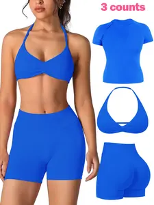 Women's Solid Ruched Crop Sports Bra & Halter Top & High Waist Shorts Sportswear Set, Breathable Comfortable Sports Set for Yoga Gym Workout Running, Ladies Summer Sportswear, Gym Sets