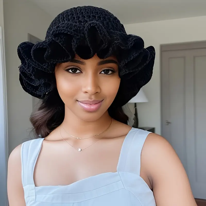 Chic Multicolor Crochet Ruffle Bucket Hat for Women & Men - Warm,Stretchy Knit Fisherman Cap with Fun Lace Detail,Perfect for New Year's Celebrations