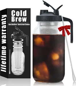 Cold Brew Mason Coffee Maker - 64oz Iced Coffee Pitcher with Stainless Steel Mixing Spoon & Super Dense Filter 3 Steps Finish Cold Brew Coffee, Classic  Sturdy Mason jar Pitcher Easy to Clean