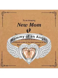 Angel Baby Mom Heart Ring, Cute Baby Footprint Jewelry Gift, Warm Elegant Fashion, Christmas Birthday Mother's Day Present, High-Quality Jewelry