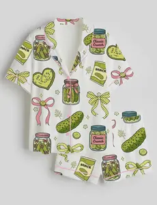 Pickle Pajama Set, Funny Dill Pickle Print Sleepwear, Soft Short Sleeve Button Down Pajamas, Two Piece Lounge Set for Men and Women