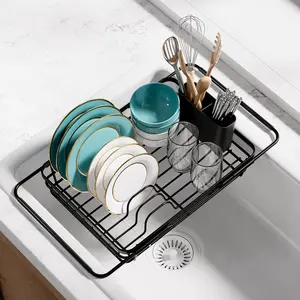Dish Drying Rack in Sink - Expandable Stainless Dish Rack Over The Sink, Sink Drain Strainer with Cutlery Holder & Cup Holders, 15.2 x 10.0 x 4.2 Inch, Black
