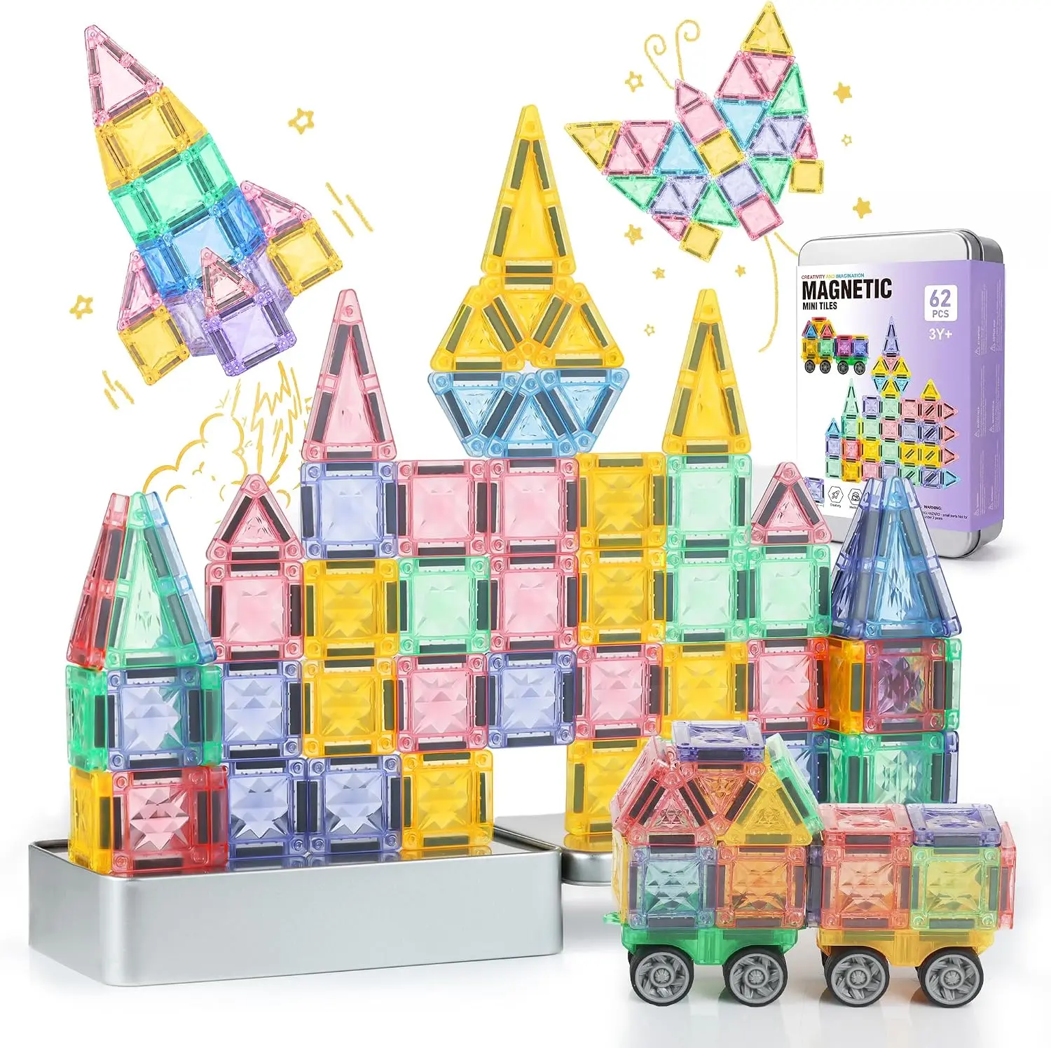 GAGAKU Mini Magnetic Tiles- 62 PCS Travel Magnetic Tile with Portable Storage Box Magnetic Blocks for Kids 3 4 5 6+ Portable Preschool STEM Educational Construction Sensory Gift Toys