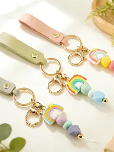 1pcs Women Rainbow Beaded Keychain, Cute Silicone Pendant Key Ring, Simple Bag Charm, Colorful Backpack Accessory, Fashion Car Key Holder