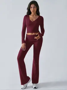 Women's Spring & Fall Casual Slim-Fit Home Set, Long Sleeve V-Neck Knitted Sweater & Flared Pants, Comfortable Indoor Outdoor Wear,Airport Outfit