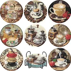 8-Piece Diamond Embroidery Coaster Set Coffee Pattern (with Stand), DIY Diamond Art Craft Kit for Beginners, Diamond Painting Kits, Home Decor Gift