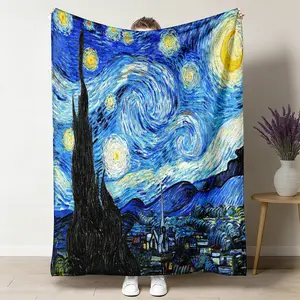  1pc The Starry Night Flannel Blanket, Soft Warm Van Gogh Art Print Blanket, Cozy Plush Throw Blanket, Classic Starry Night Pattern Blanket, Ideal for Sofa Couch, Art Lover Gift, Birthday Present 50"x60"