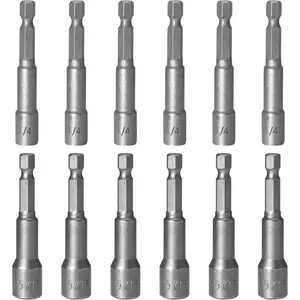 1/4 and 5/16 Inch Magnetic Nut Driver Bit Set, 12 Pcs Chrome Vanadium Steel Impact Drill Bits, Quick Change Socket Nut Driver Adapter with Hex Shank, 65mm Length
