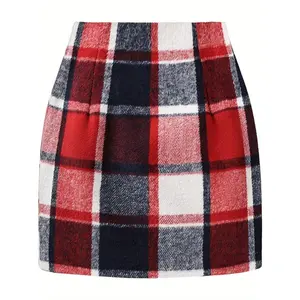 Trendy 2026 High Waist Bodycon Pencil Mini Plaid Skirts for Women, Suitable for Christmas Holiday Fall Winter