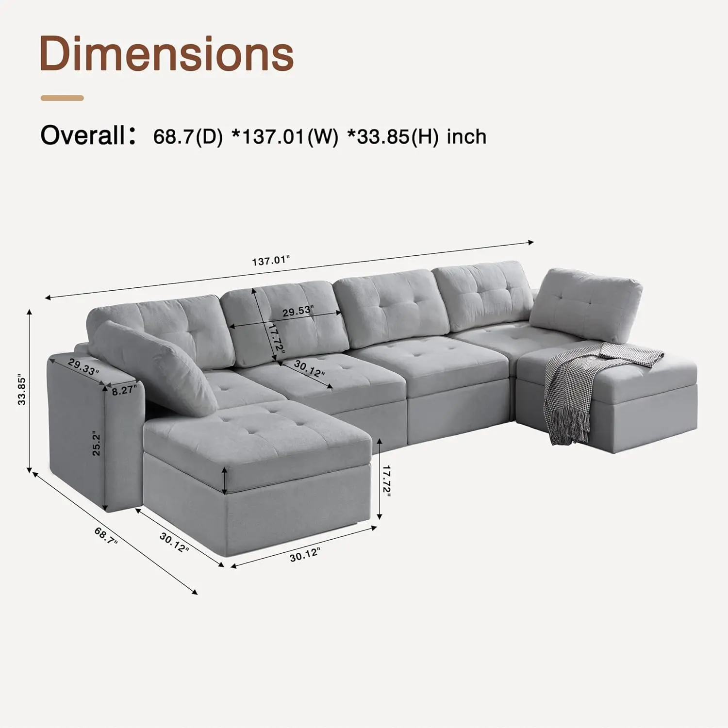 6 Seater U Shape Sofa Gray