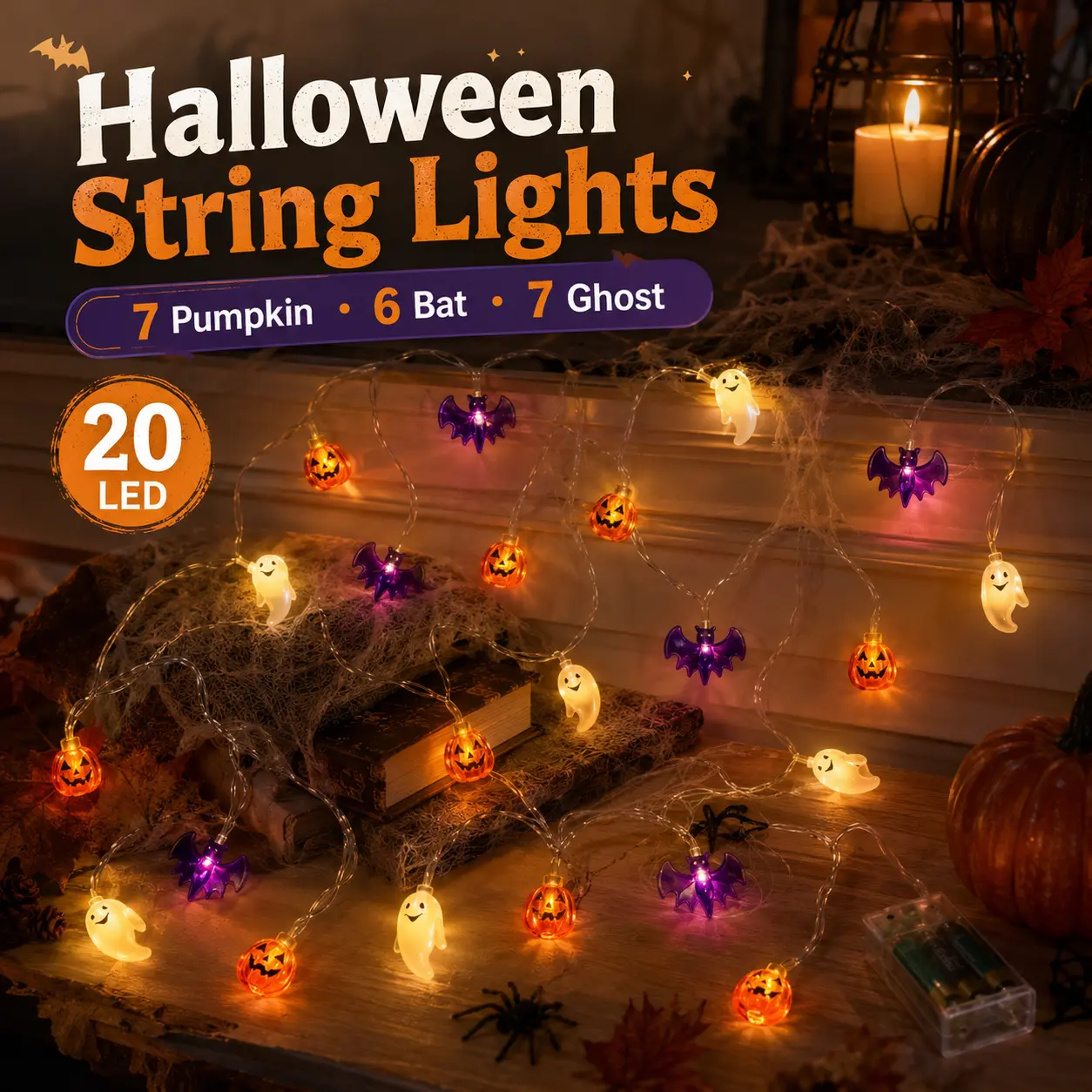 Halloween Pumpkin Ghost Bat String Lights – 9.84Ft 20 LED Fairy Lights for Indoor Outdoor Party Home Yard Window Decor