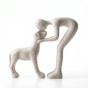 Modern human–dog bond sculpture, heartfelt pet memorial gift, handcrafted wooden-style decor, aesthetic minimalist statue, meaningful office desk display, anniversary decor for dog lovers