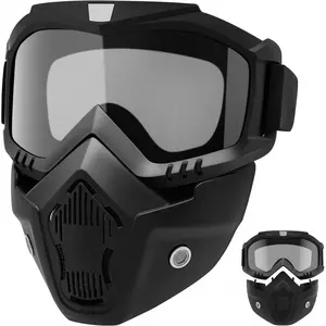 Mask with Detachable Goggles for Riding and Cutting, Anti-Ultraviolet Radiation, Anti-Dust, Anti-Fog HD Lens, Large Viewing Hood, Bluetooth Headset Compatible, Black