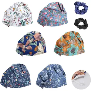 6 Pcs Bouffant Scrub Caps with 2 Scrunchies, Surgical Cap with Button and Sweatband, Printed Nursing Working Hats for Men, Multicolored Elastic Hair Covers, 6 Styles