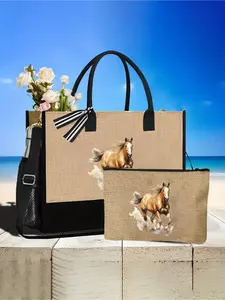 Horse Pattern Handbag and Storage Bag Set, Horse Series Print Handbag with Matching Storage Bag, Stylish and Functional Accessories