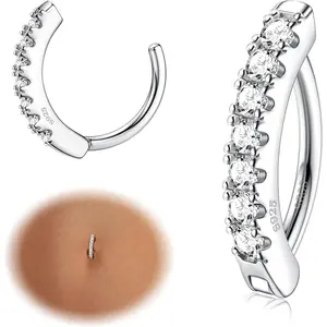 FIASASO 14G Belly Button Rings for Women Hypoallergenic 925 Sterling Silver Clicker Belly Button Ring Cubic Zirconia Paved Reverse Curved Navel Rings Barbell Belly Piercing Jewelry