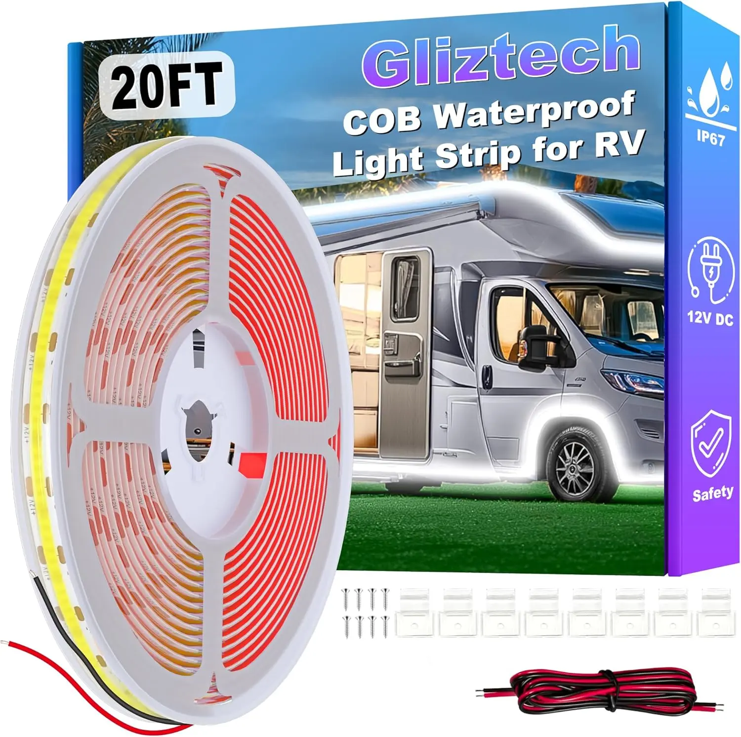 RV Awning Lights 20FT, Camper Awning Lights for RV Canopy Exterior, IP67 12V White COB Waterproof Underglow Led Light kit for Motorhome, Travel Party, Trailers, Food Trucks