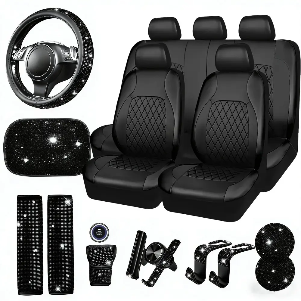 20pcs of Sparkling Car Accessories Designed for Women, Including Full Seat Covers, 15-Inch Steering Wheel Cover Adorned with Rhinestones, And Charming Interior Decorations Like Coasters And Essential Items for Your Vehicle, car accessories for women