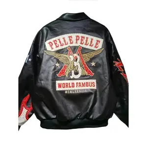 Retro American PU Leather Jacket Men's Loose Motorcycle Eagle Embroidery Cool Flame Decoration Baseball Coat Youth Casual