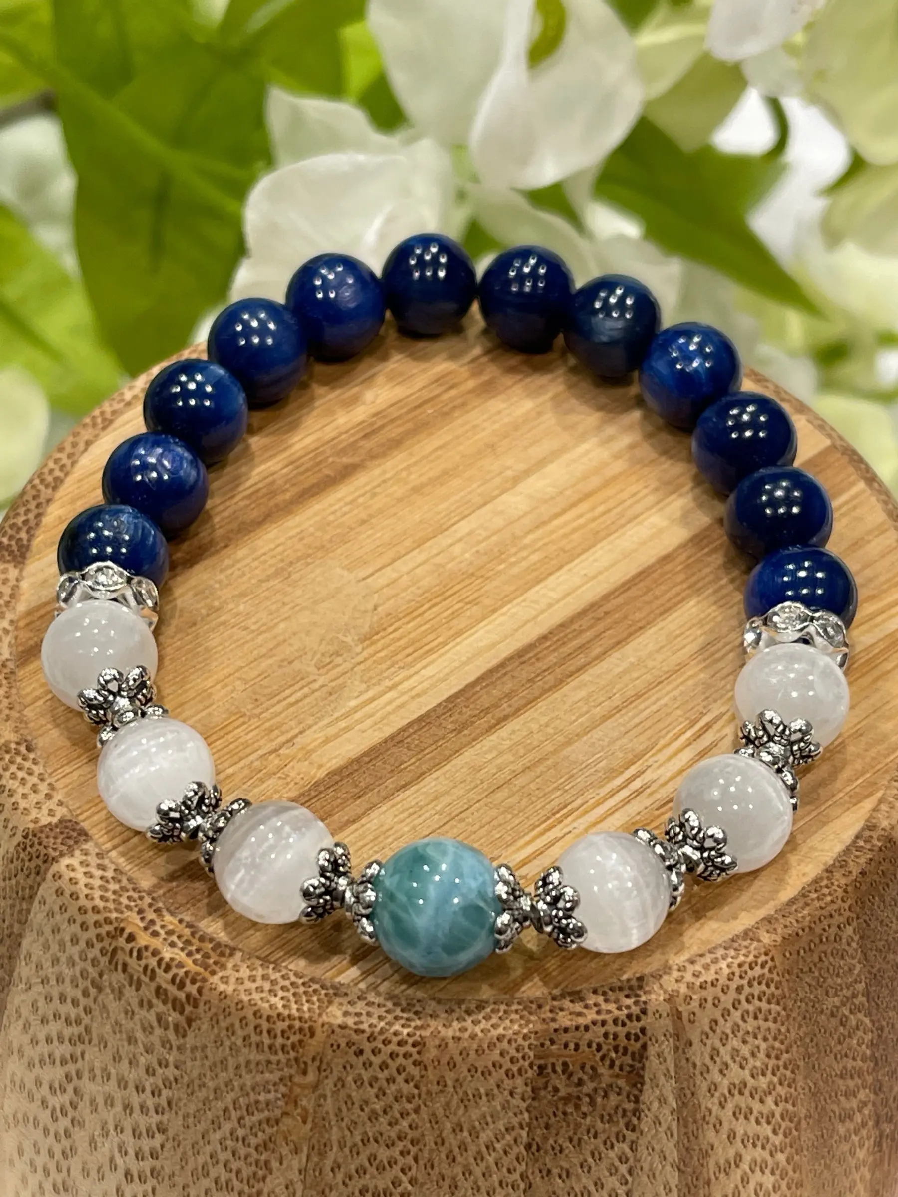 Larimar Stone with Blue Kyanite or Moonstone Bracelet: Calm, Relaxation, Throat Chakra