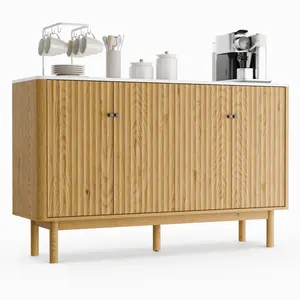 Fluted Buffet Cabinet with Storage, Accent Sideboard Modern Credenza with 4 Doors & Adjustable Shelves, Coffee Bar Console Table Faux Marble Top for Dining Room, Living Room