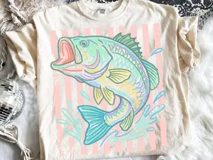 Comfort Colors Retro Bass Fish Shirt Design, Pastel Fishing Graphic Tee, Preppy Coastal Lake Aesthetic T-Shirt, Summer Fishing Outfit, Large Mouth Bass Angler Gift