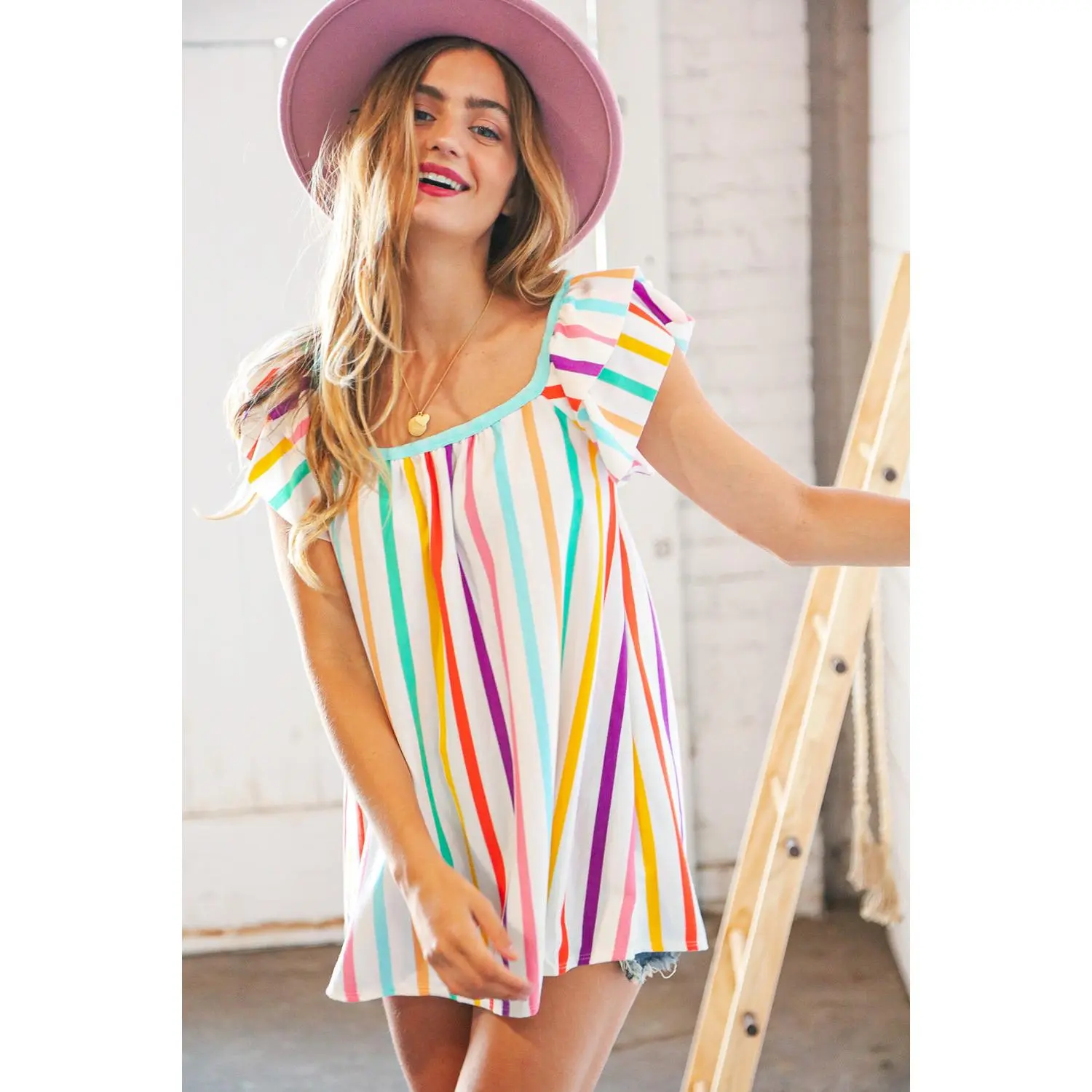 Multicolor Vertical Stripe Ruffle Frill Sleeve Top