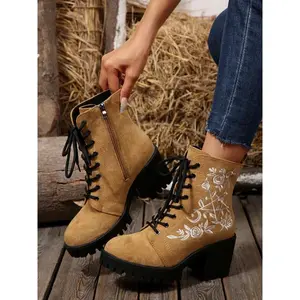 Women's Short Ankle Boots, Rose Embroidery Side Zipper Front Lace-Up Fashion Booties, Fall Winter Casual Shoes for Women