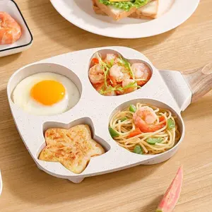 4 Hole Shaped Egg Frying Pan | Heart Star Circle Nonstick Mold | Granite Coated Omelette Maker | Removable Wood Handle | For Stove Induction Cooktop Breakfast