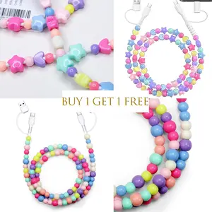 Buy 1 Get 1 Free Pearl-Decorated 4-in-1 Charging Cable Compatible with All Devices USB-C, Lightning, Micro USB & USB-A Durable 3.3Ft Colorful Beaded Cord for Fast Charging & Data Transfer