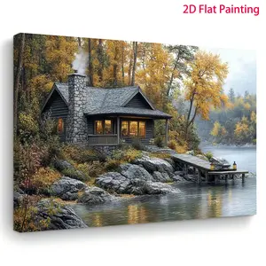 A Wooden Frame Canvas Painting - Cozy Cottage by the River, Autumn Forest Scenery, Stone House and Wooden Pier, Suitable for Living Room, Bedroom, Kitchen or Office Decoration, Ideal Christmas Gift, 11.8x 15.7inch , Outdoor Decoration