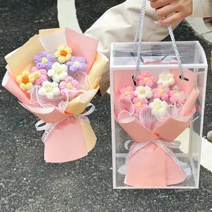 Mother's Day Teacher Appreciation Valentine Handmade Crochet Realistic Faux Flower Bouquet Decorative Flowers Bouquet Gift Box, Party Favor Decorations