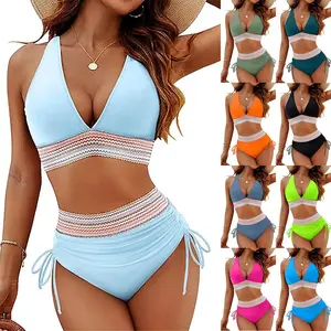 Women's Bikini Sets High Waisted Tummy Control Swimsuits Color Block Two Piece Drawstring Bathing Suit