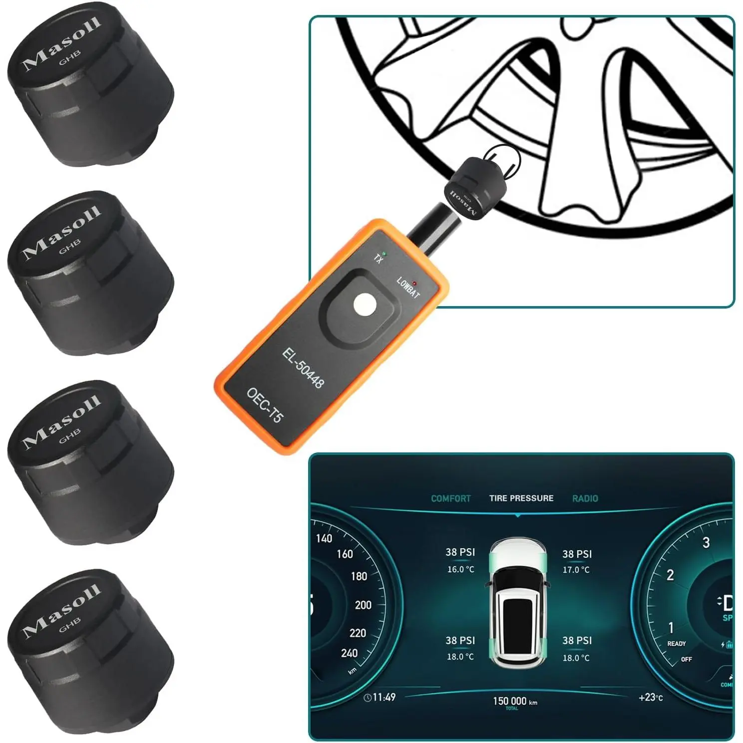 TPMS Sensor for GM Chevy Chevrolet Silverado Buick Cadillac GMC, Gen 2 TPMS Sensors Set of 4 with 1 TPMS relearn Tool, External Tire Pressure Sensor, Easy to Install
