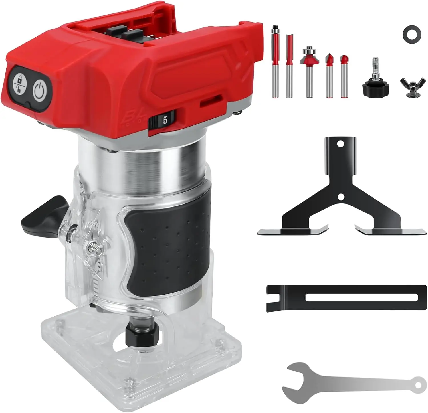 Cordless Compact Router for  18v Battery, 800W Brushless Trimmer Router with 5 Variable Speeds, 30000 RPM, Wood Palm Router Tool with 5PCS 1/4" Router Bits, Edge, Roller Guides