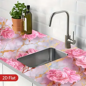 2D Flat, 2-Piece Pack, Pink Marble Self-Adhesive Gloss Marble Texture with Gold Texture, Removable Paste Vinyl Film for Kitchen Cabinets, Tables, Desks - Pink, White, Gold and Black Marble Countertop Replacement, Kitchen Decor, Marble Backsplash Wallpaper