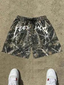 Vintage Camouflage Texture Print Drawstring Elastic Waist Loose Shorts, Lightweight Breathable Fabric, Casual Daily Wear, Skateboarding, Rave