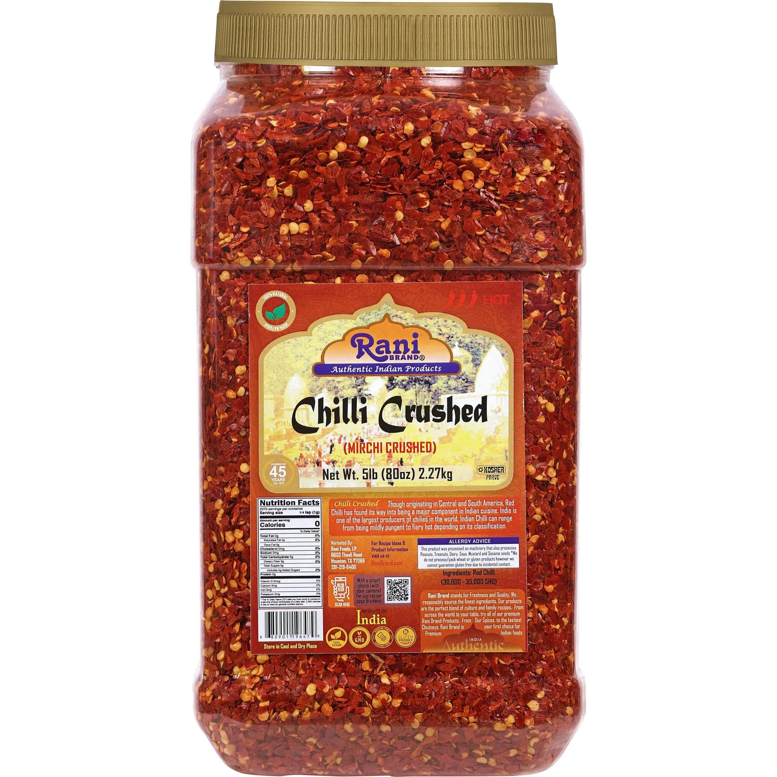 Rani Crushed Red Pepper Flakes Chilli (Pizza Type Cut) 80oz (5lbs) 2.27kg Bulk PET Jar ~ All Natural, No Color added, Gluten Friendly | Vegan | NON-GMO | Kosher | No Salt or fillers