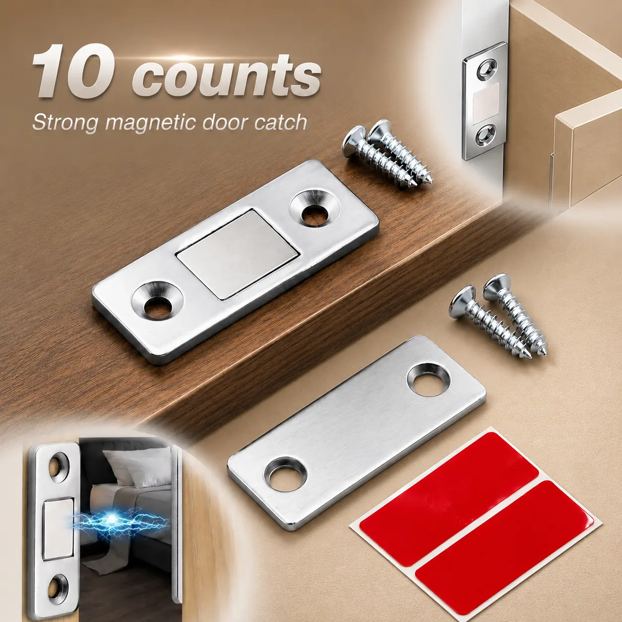10pcs-Ultra-thin Self-adhesive Cabinet Magnetic Door Catch, for Kitchen Closet Drawer Furniture, Household Closing Hardware, Strong Magnet Slim Profile Stable Suction Door Lock