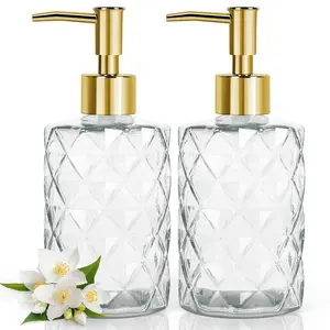 Soap Dispenser - 2 Pack, Clear Diamond Glass Refillable Hand Soap Dispensers, Hand and Dish Soap Dispenser, Soap Bottles with Gold Pump, Lotion Dispensers for Kitchen, Bathroom 330ml/12oz (Gold)