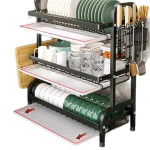 2025Dish Rack, Three-Tier Space-Saving Kitchen Countertop Dish Rack, Metal Kitchen Countertop Storage Rack And Shelf With Cutting Board, Large-Capacity Dish Drainer, Three-Tier Kitchen Dish Rack With Dish Rack, Dish Rack For Dishes, Knives, Spoons, And Fo