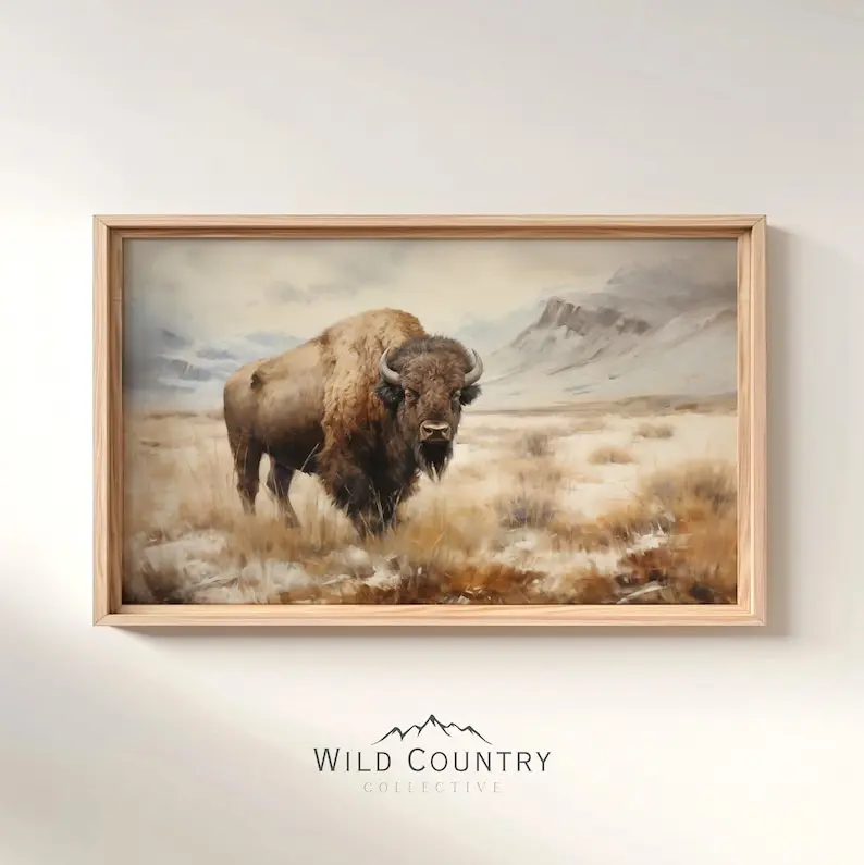 Poster Unframed able American Bison Painting, Buffalo Painting, Country Western Decor, Mountain Landscape Art, Wildlife Wall Art, Vintage Buffalo Poster Unframed