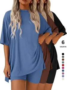 Crewneck Two-Piece Set For Women Summer Casual Pullzise Split Hem Shirts & Side Pocket Biker Shorts Minimalist Lounge Wear Soft MILK SILK Fabric Comfy Homewear Cozy Pjs Clothes Top Womenswear Suits Gamis